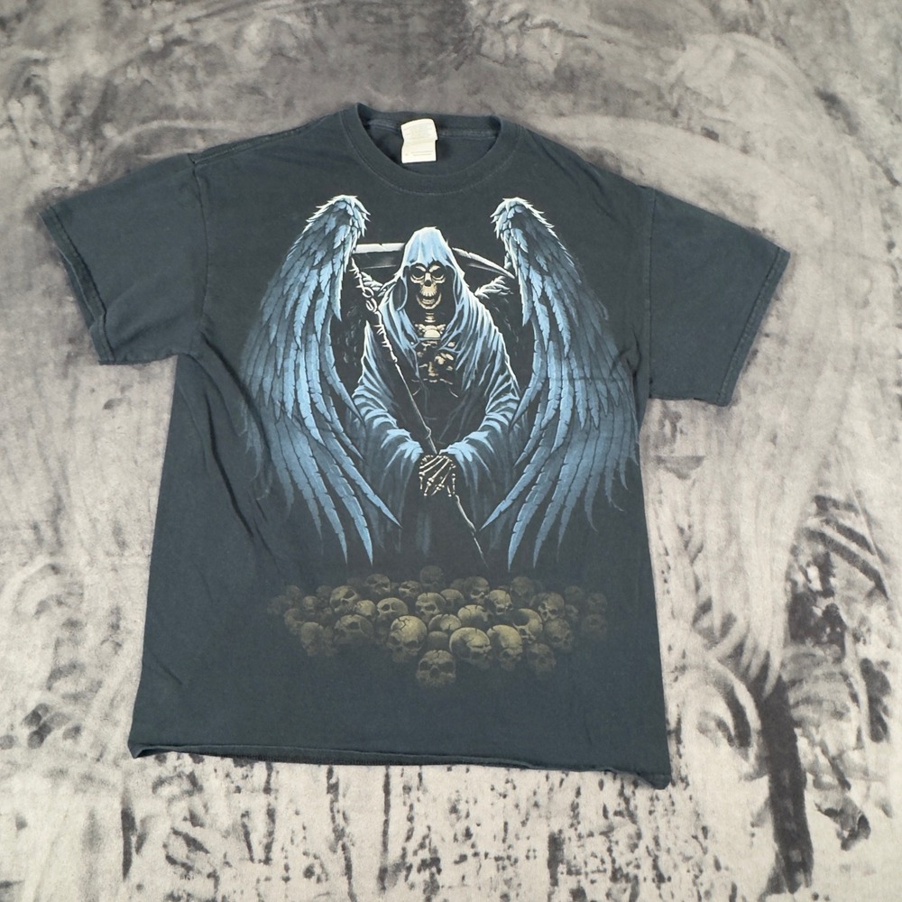 Gildan Graphic T-Shirt Mens Medium Black Blue Reaper Wings Skulls 4628